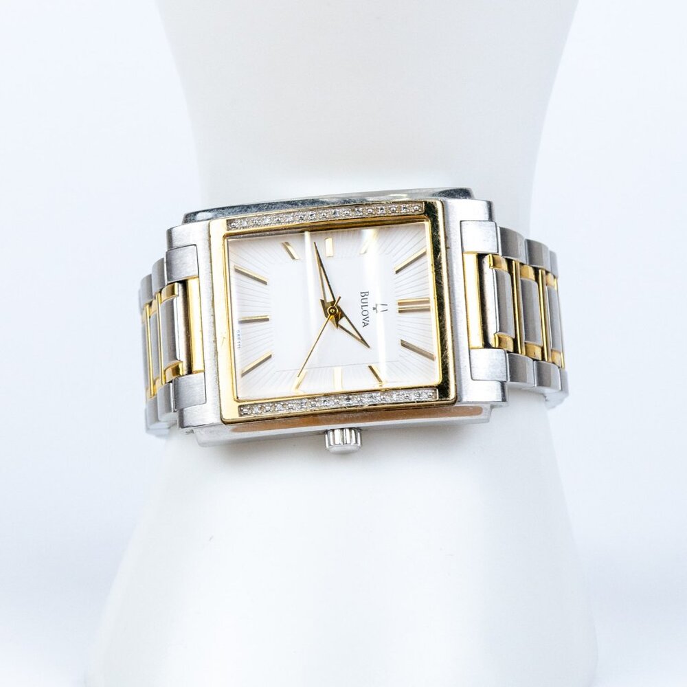 Bulova 98E111 Men's Diamond Accent Watch Two-Tone Gold Silver Rectangular Quartz